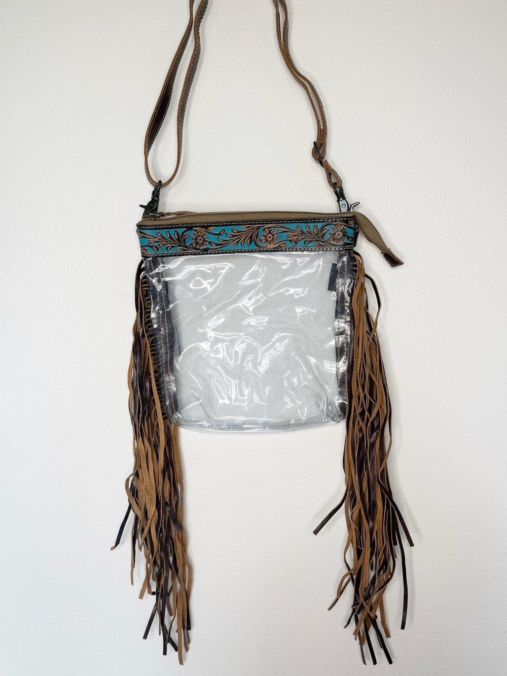 Boho Clear Fringe Crossbody Bag in Brown & Turquoise